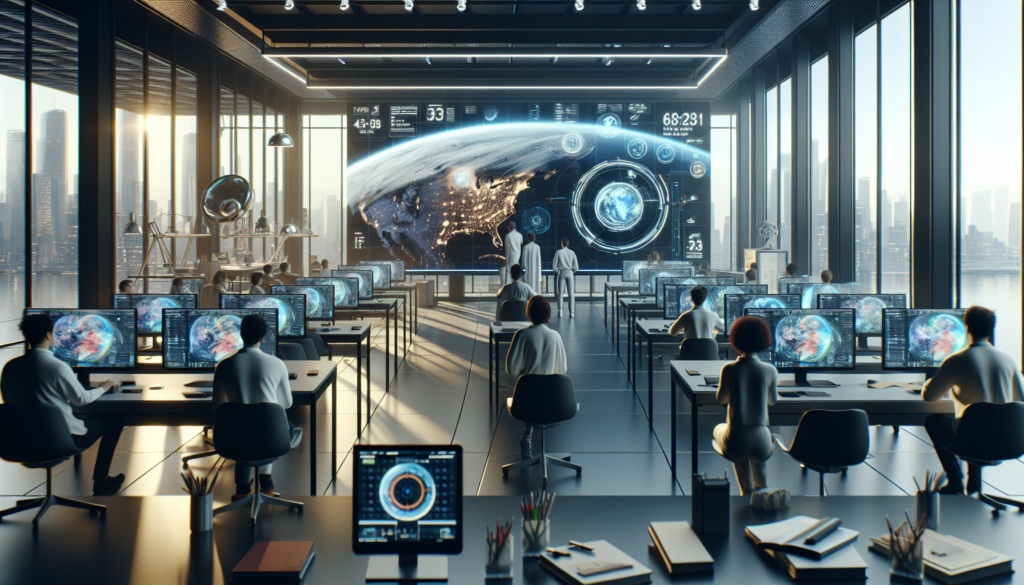 Diverse individuals engaged in a high-tech classroom during a space training session, showcasing an interactive holographic interface with geospatial data and a futuristic cityscape view.