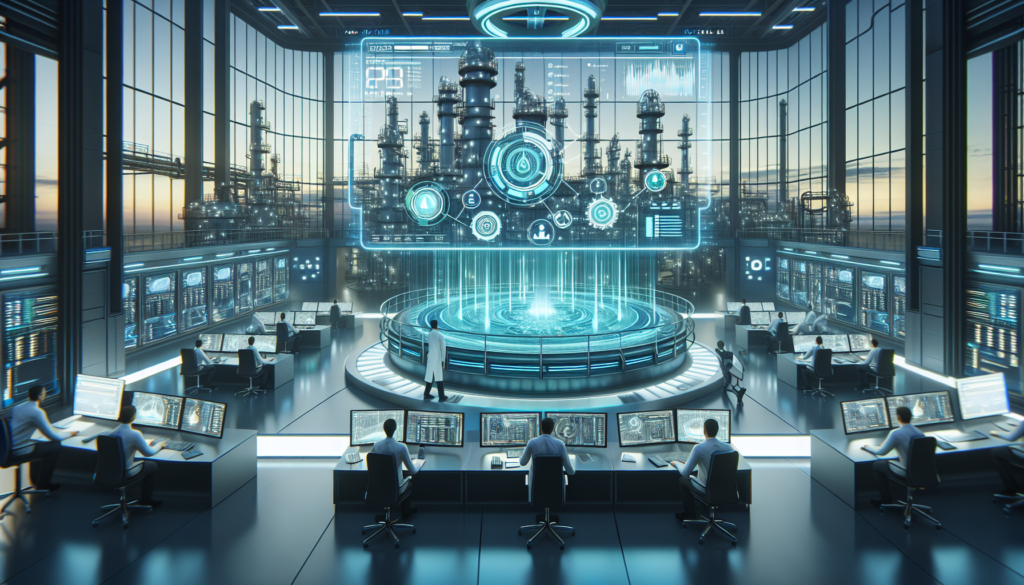 High-tech oil refinery control room showcasing advanced AI technology, featuring 3D models of oil reservoirs and technicians using smart devices.