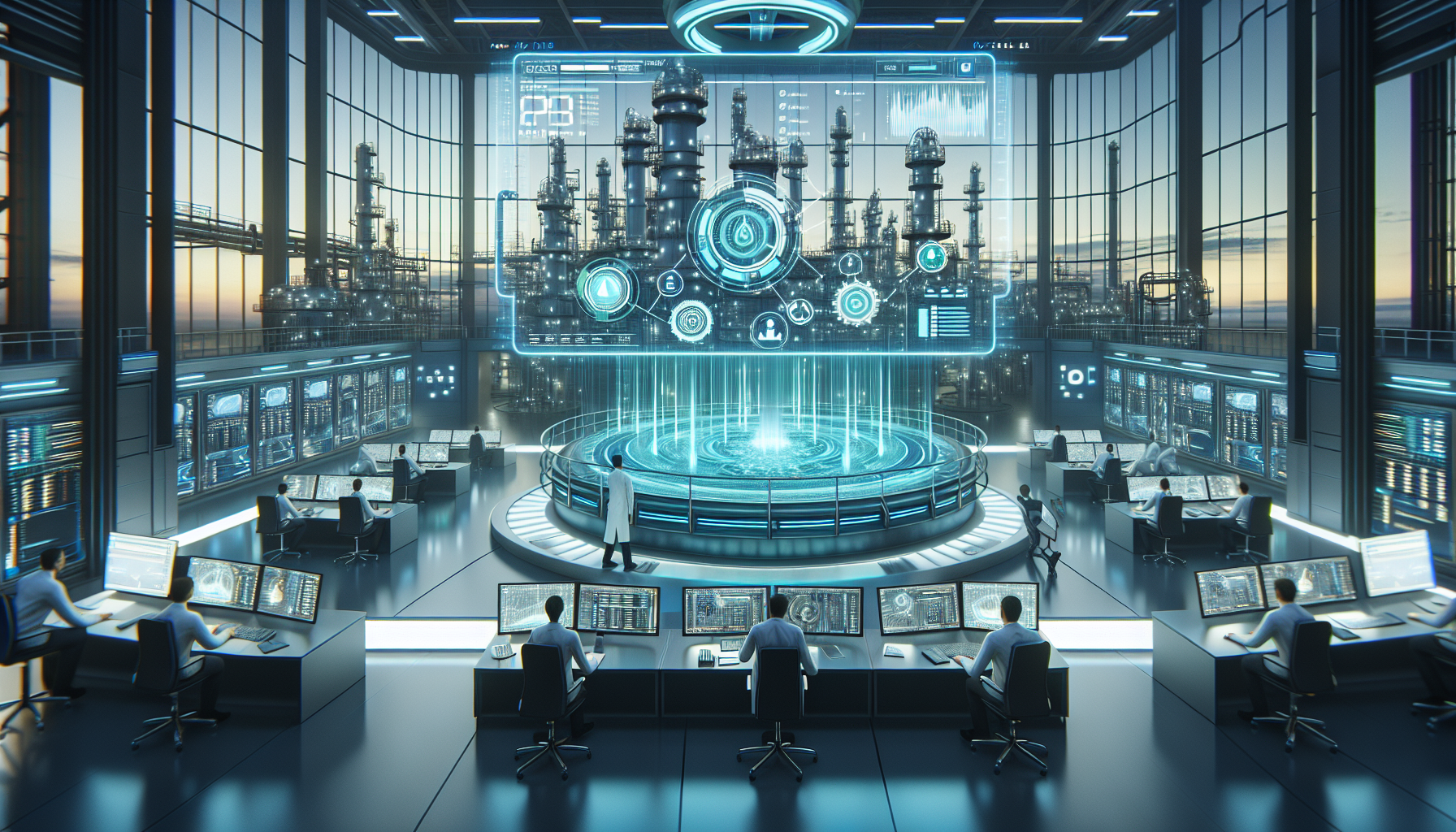 High-tech oil refinery control room showcasing advanced AI technology, featuring 3D models of oil reservoirs and technicians using smart devices.