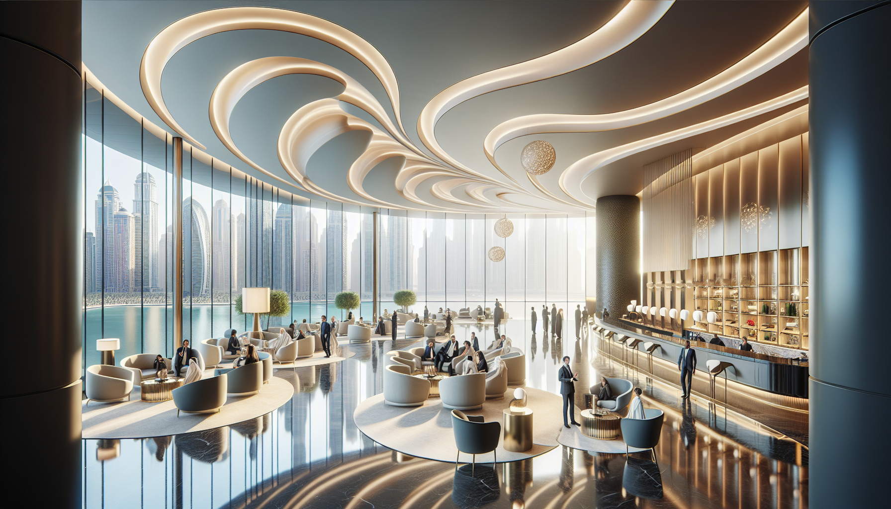 Luxurious hotel lobby sa Dubai na may modernong disenyo at malayang tanawin ng Burj Khalifa.