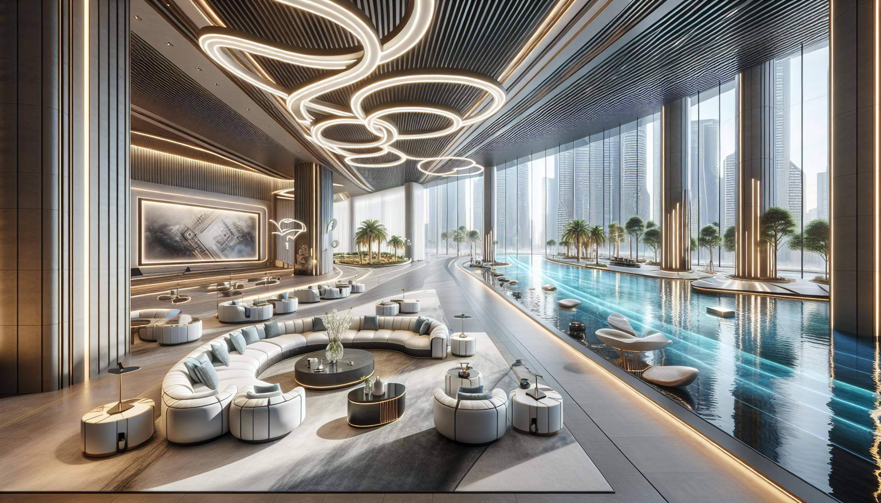 Lobby d'un hôtel de luxe à Dubaï avec une esthétique moderne, des sièges élégants et une vue panoramique sur la skyline.