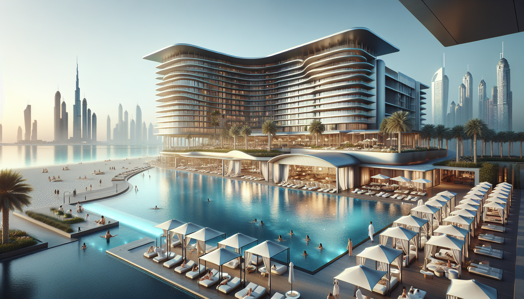 Scène d'un hôtel luxueux à Jumeirah Beach Residence à Dubaï, avec vue panoramique sur le Golfe persique et des invités se détendant près de la piscine.