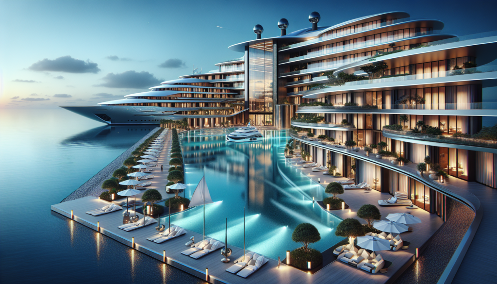 Complexe hôtelier inspiré d'un superyacht à Dubaï, avec une piscine à débordement et des jardins paysagers luxuriants.