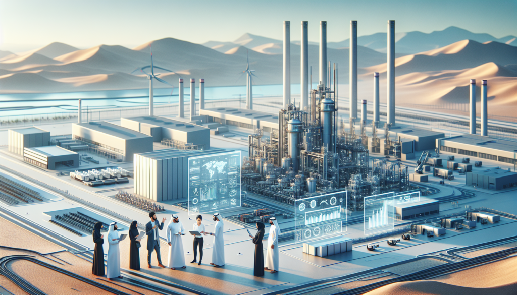 Usine moderne aux Emirats mettant en avant l'initiative 'Operation 300bn', avec des professionnels discutant de l'innovation technologique et de la croissance économique.