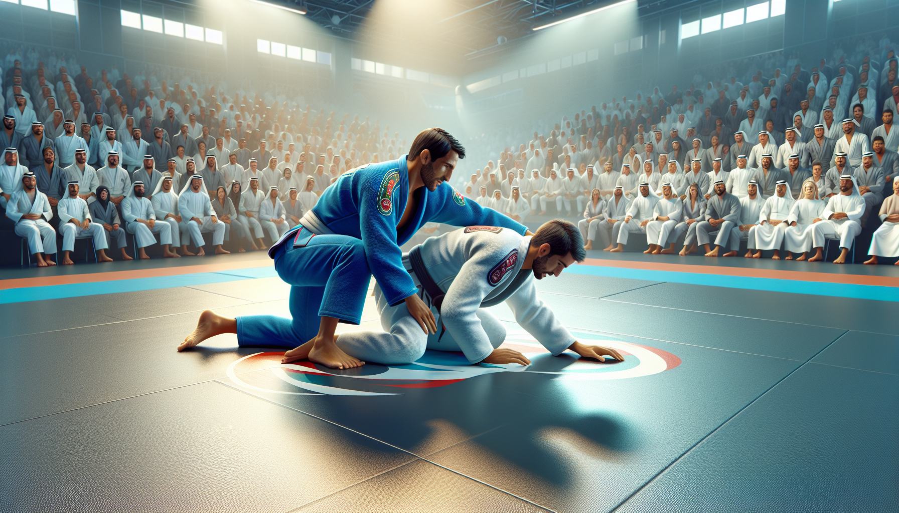 Dynamic jiu-jitsu match in a state-of-the-art stadium, featuring athletes in contrasting gi uniforms grappling on a professional mat with excited spectators.