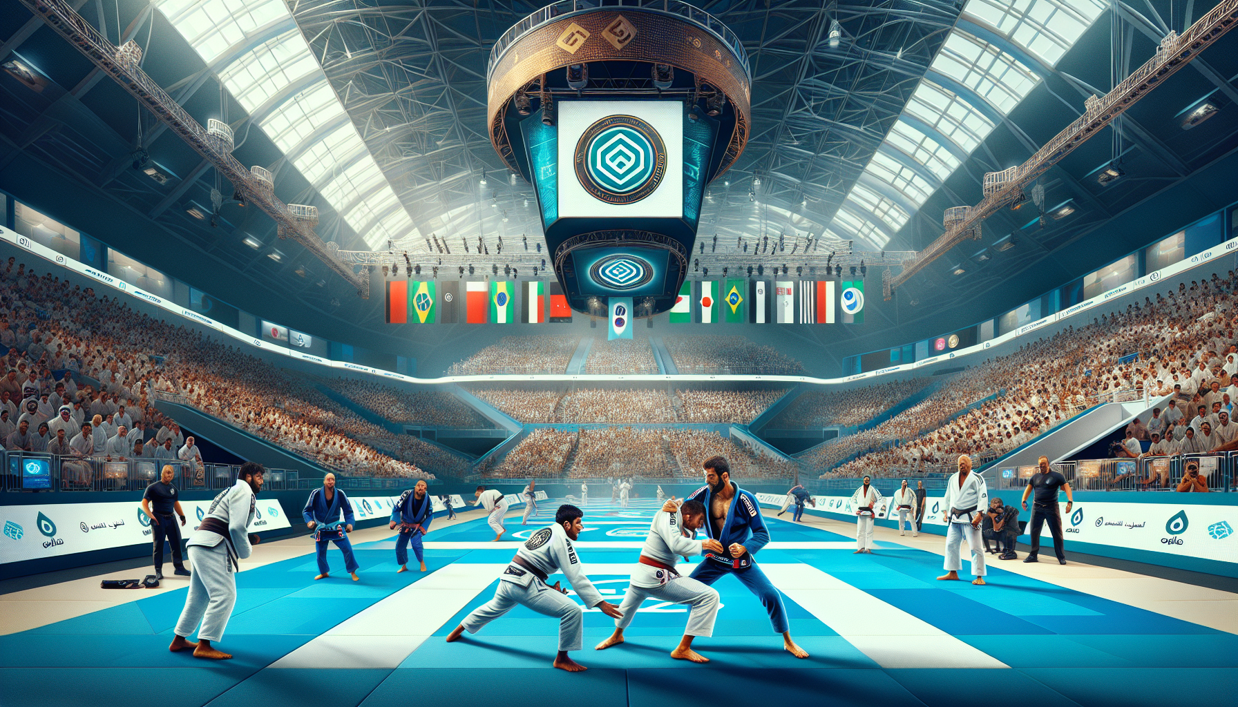 Dynamic scene of a Jiu-Jitsu competition at Mubadala Arena in Abu Dhabi with athletes competing on blue mats and an excited crowd.