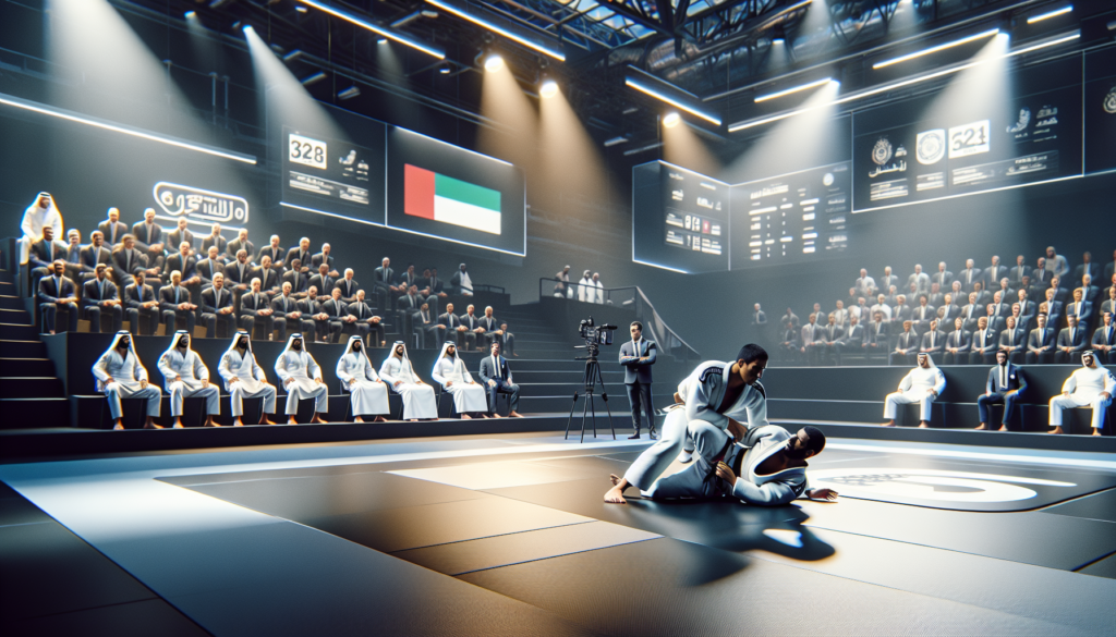 A dynamic jiu-jitsu match at Zayed Sports Complex in Fujairah, showcasing M.O.D UAE team athletes grappling with spectators including Dr. Ahmed Hamdan Al-Zeyoudi and Maj. Gen. Mohammed bin Ghanem Al-Kaabi.