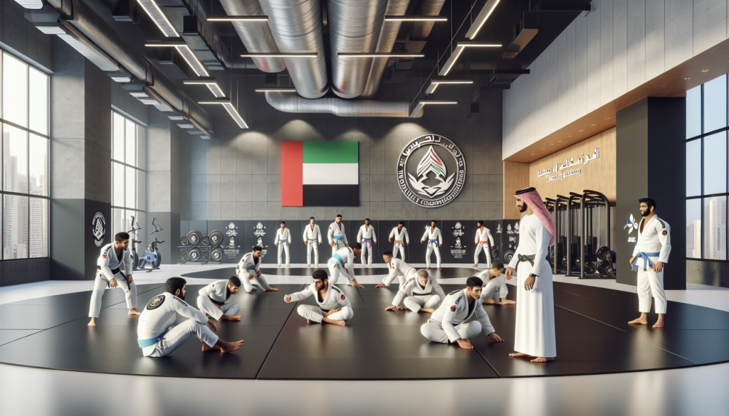 Dynamic jiu-jitsu training session in a state-of-the-art facility in the UAE, featuring athletes of all ages, advanced fitness equipment, and Sheikh Khaled Bin Mohamed observing, showcasing dedication and modernity.