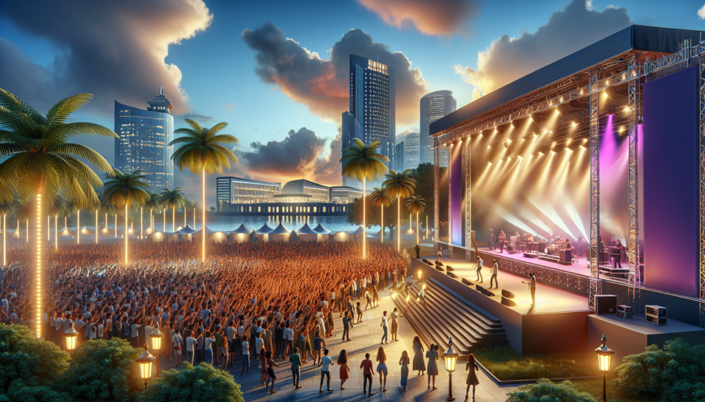 Isang masiglang eksena ng outdoor concert sa Saadiyat Island, Abu Dhabi na may entablado para kay Christina Aguilera, puno ng mga tao at ang skyline ng Abu Dhabi sa likuran.