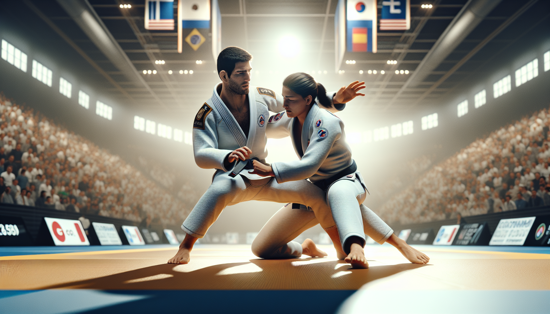 Kumpetisyon sa Jiu-Jitsu sa 2024 World Championship sa Heraklion, Greece, na nagpapakita ng dalawang atleta mula sa UAE na nagtutunggali sa isang mataas na enerhiyang grappling na may tradisyonal na gi.