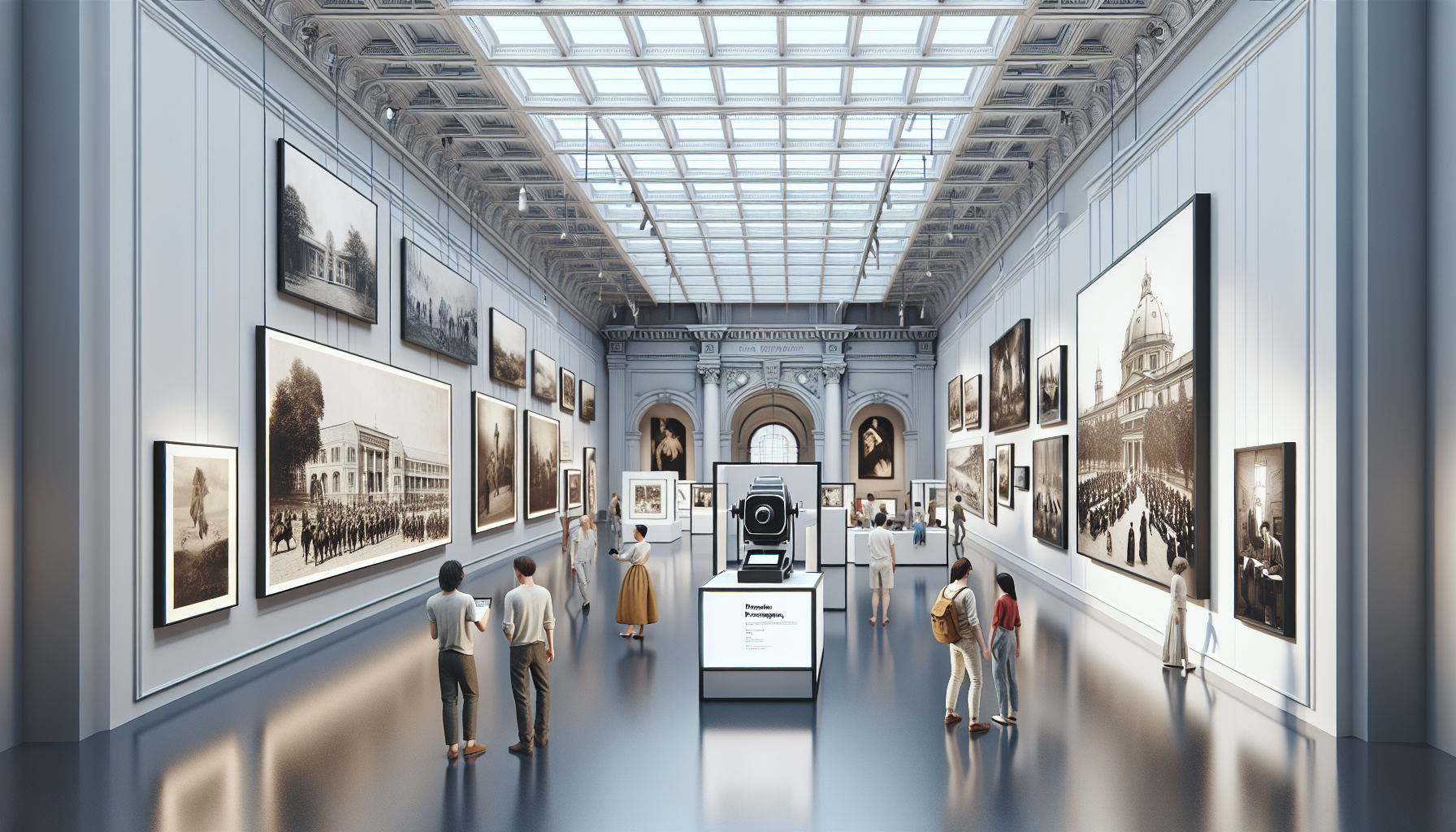 Modern photography exhibition at Louvre Abu Dhabi showcasing historical and contemporary works with interactive installations and diverse visitors.