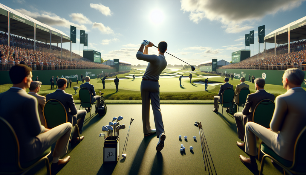 Hyperrealistic scene of a prestigious golf tournament sponsored by Emirates, showcasing a golfer mid-swing on a manicured green with elegant spectators and vibrant landscape.