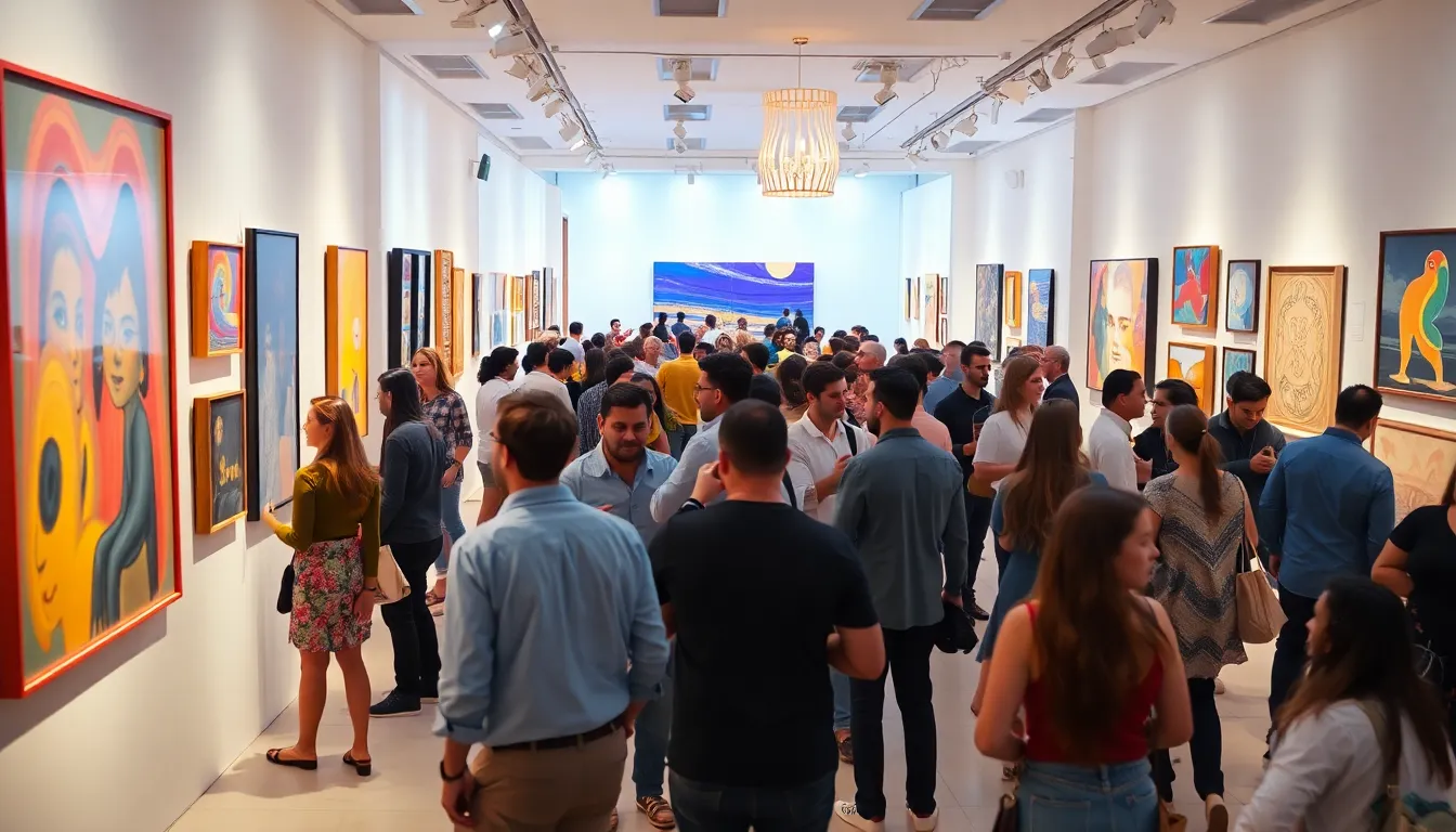 Vibrant art exhibition at Manarat Al Saadiyat showcasing contemporary artworks with engaged visitors and modern installations.