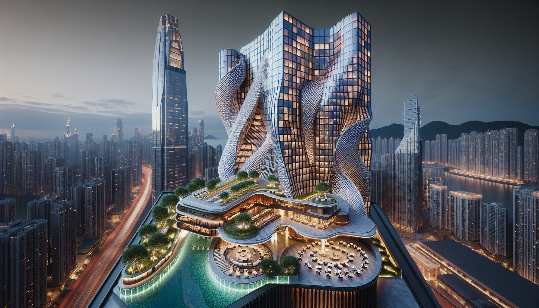 Vue hyperréaliste du Mandarin Oriental de Dubaï, illuminé la nuit, mettant en avant la tour Wasl avec sa façade en céramique et un skybar luxueux.