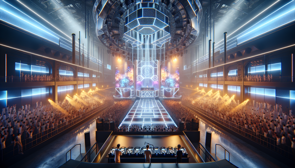 Martin Garrix performing live at Atlantis The Palm in Dubai with stunning pyrotechnics and a vibrant crowd, featuring young artist LAVERN in a hyperrealistic concert scene.