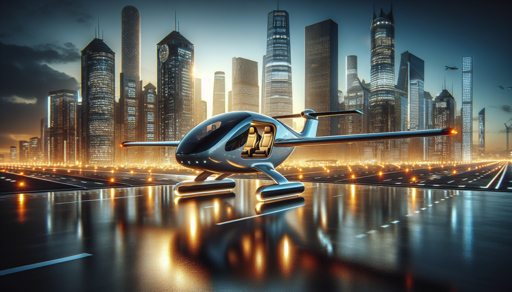 Isang futuristik na air taxi mula sa Joby Aviation na lumilipad sa ibabaw ng skyline ng Dubai, ipinapakita ang Burj Khalifa at Palm Jumeirah.