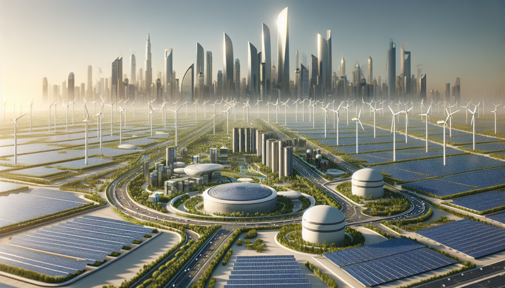 Matatagpuan sa isang futuristic na tanawin ng Abu Dhabi ang malalaking solar farm at mga wind turbine, nagtatampok ng makabagong teknolohiya para sa malinis na enerhiya at produksyon ng hydrogen.