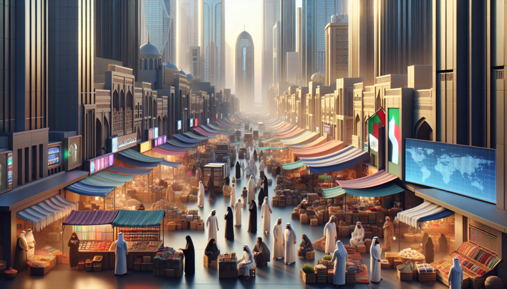 A vibrant Middle Eastern trading hub showcasing a bustling marketplace with diverse goods like textiles, electronics, and spices, symbolizing economic growth and cultural richness.