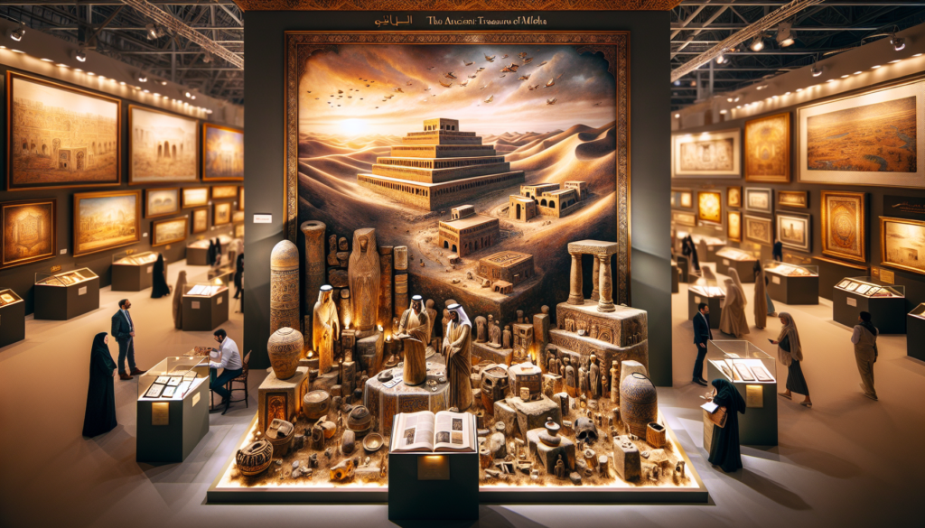 Archaeological scene showcasing the ancient treasures of Mleiha at the Sharjah International Book Fair, featuring a bronze-age tomb and pre-Islamic artifacts with Sheikha Bodour bint Sultan Al Qasimi in attendance.