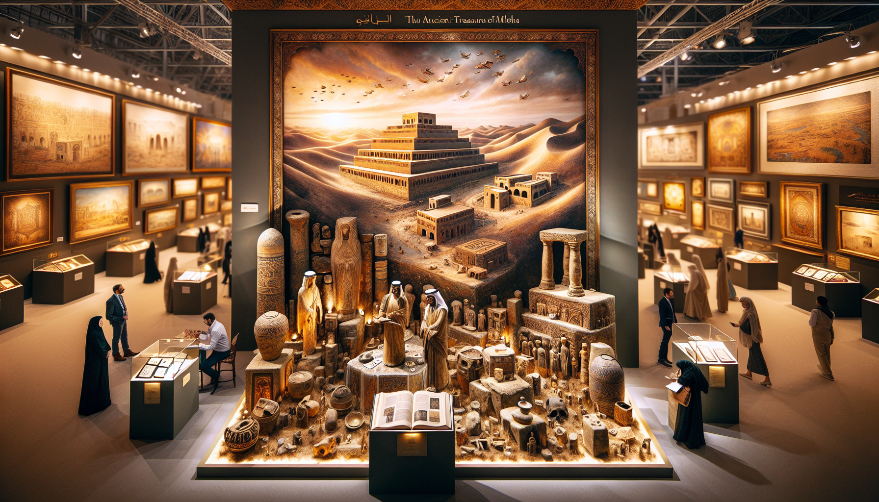 Archaeological scene showcasing the ancient treasures of Mleiha at the Sharjah International Book Fair, featuring a bronze-age tomb and pre-Islamic artifacts with Sheikha Bodour bint Sultan Al Qasimi in attendance.