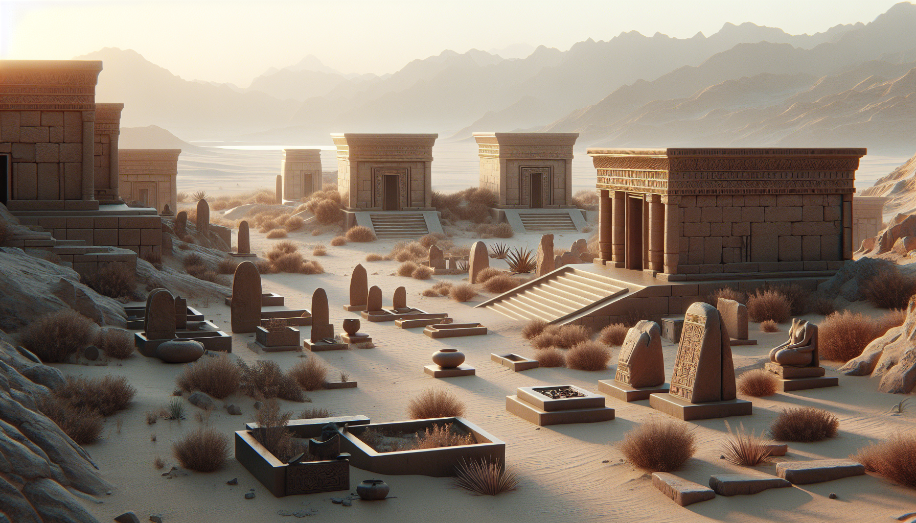 Archaeological landscape of Mleiha in Sharjah, UAE, showcasing ancient bronze-age tombs, pre-Islamic forts, and artifacts under soft sunlight.