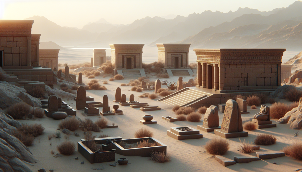 Paysage archéologique de Mleiha, UAE, avec des tombes anciennes, des forts préislamiques et un éclairage doux mettant en valeur l'héritage culturel de la région.