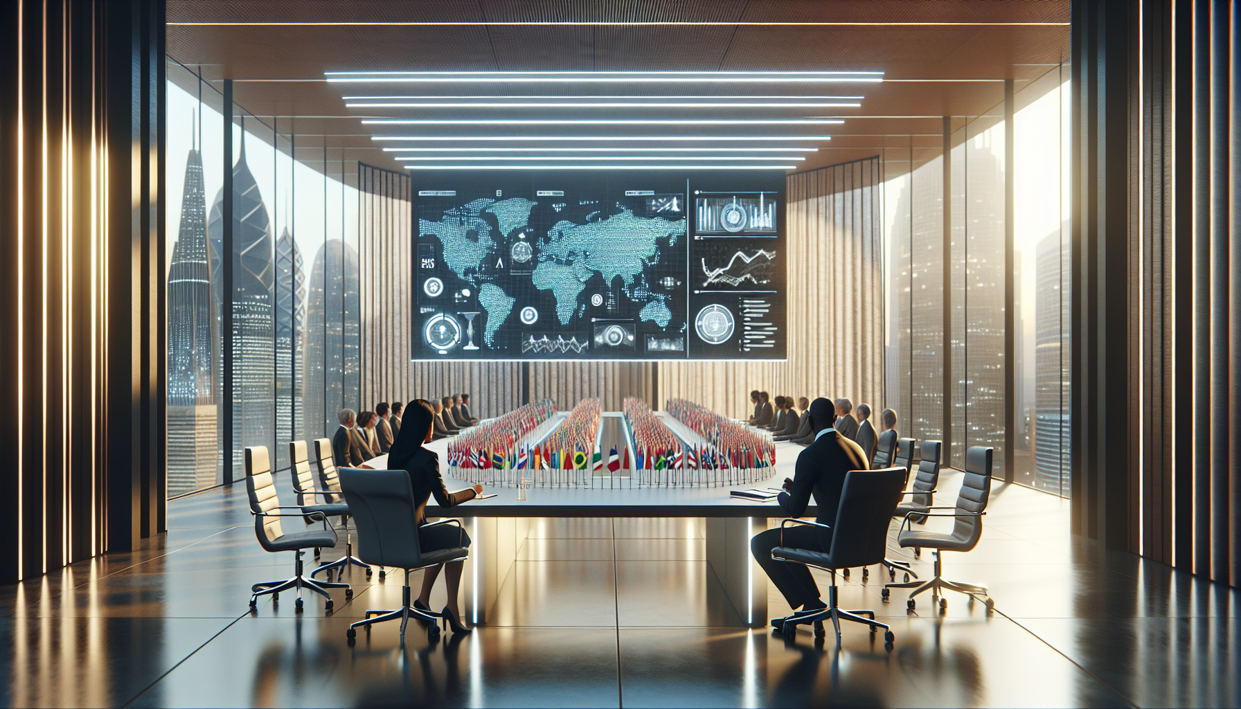 Strategic discussion between UAE and Thailand officials in a modern conference room with digital screens and a futuristic city skyline.