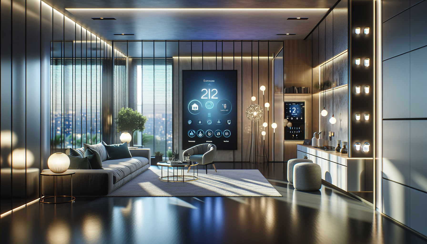 A modern living room showcasing Siemens smart home technology, featuring IoT solutions, smart LED lighting, and energy-efficient appliances in a cozy and sustainable environment.