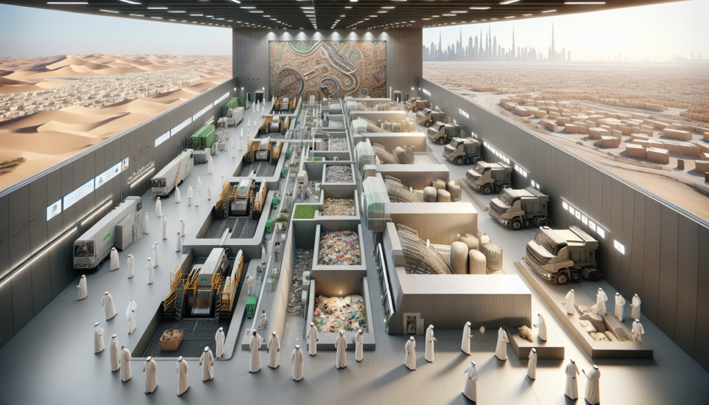 Isang hyperrealistic 3D na eksena na naglalarawan ng modernong pasilidad ng pagpapaayos ng basura sa UAE, na nagpapakita ng advanced na teknolohiya sa waste segregation at recycling.