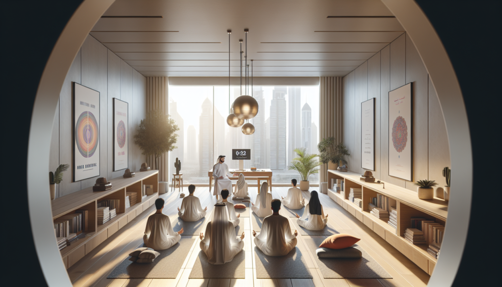 Modernong silid-aralan sa Dubai na puno ng magkakaibang estudyante na nakikilahok sa wellness workshop, na may banayad na liwanag at mga meditasyon.