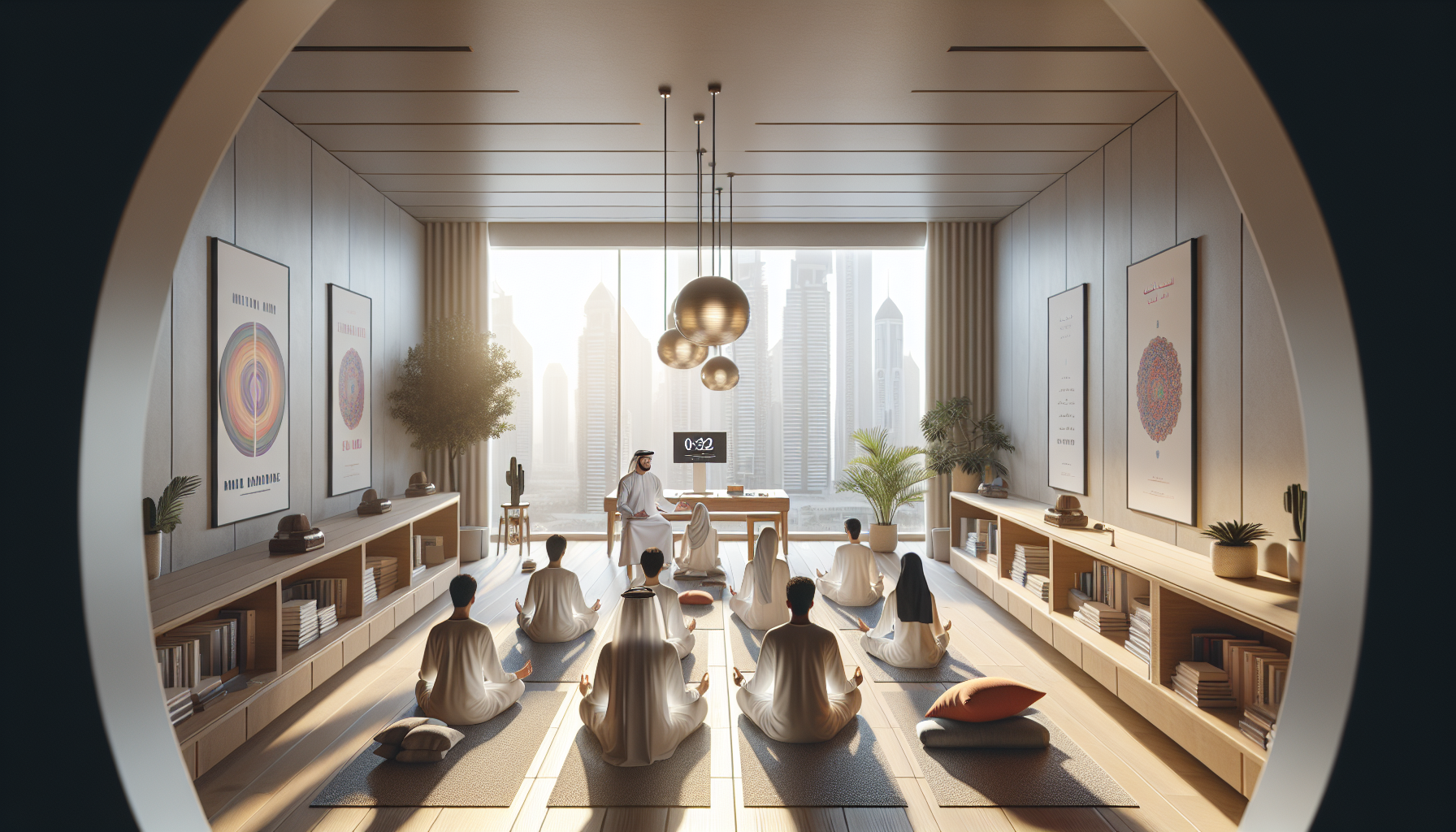 Modernong silid-aralan sa Dubai na puno ng magkakaibang estudyante na nakikilahok sa wellness workshop, na may banayad na liwanag at mga meditasyon.