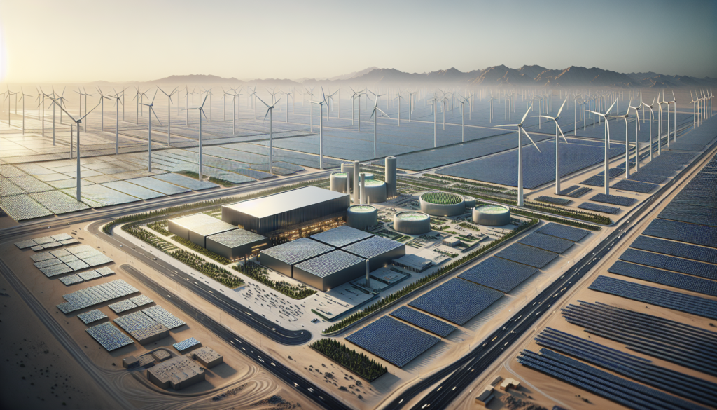 Paysage futuriste dans la région de NEOM en Arabie Saoudite, présentant une grande centrale de production d'hydrogène vert avec des panneaux solaires et des éoliennes.