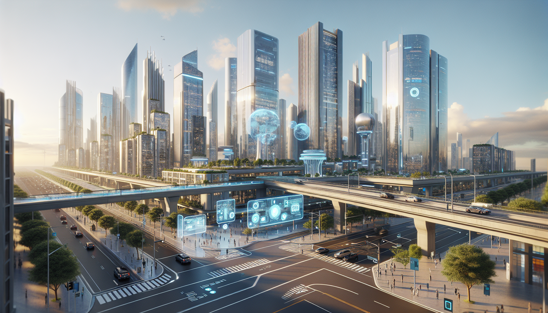 Futuristic smart cityscape of NEOM in Saudi Arabia with advanced AI-driven infrastructure, autonomous vehicles, and renewable energy sources.