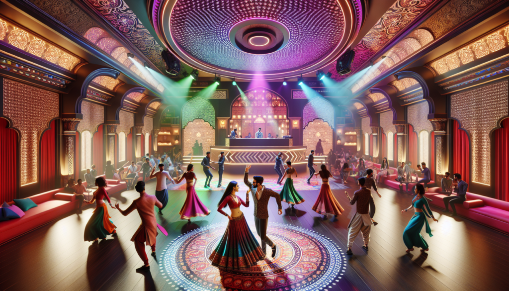 Intérieur vibrant d'une discothèque à Dubaï durant une soirée Bollywood, avec des danseurs sur la piste et un DJ en arrière-plan.