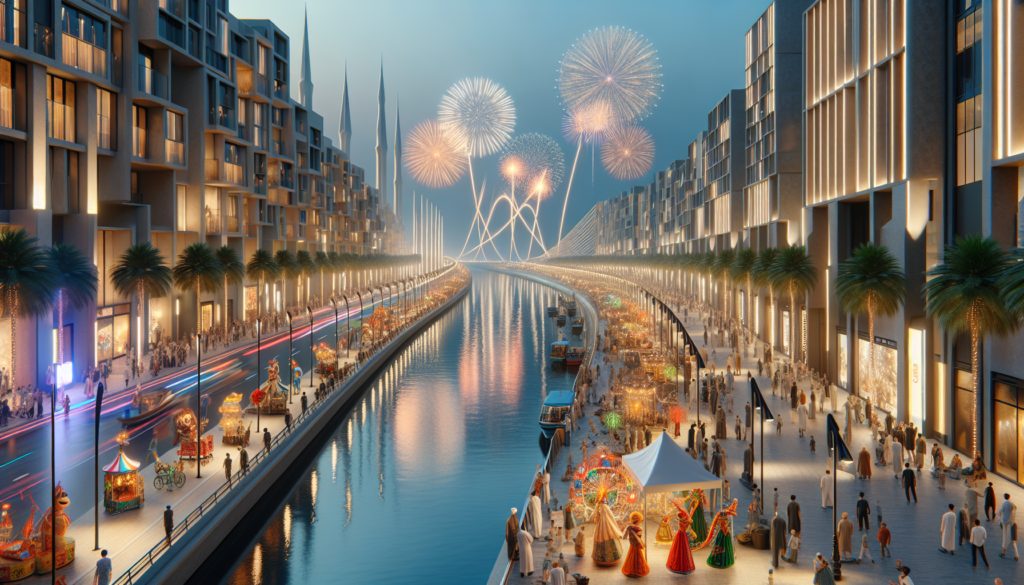 Vibrant scene of the Noor Festival of Lights in Dubai, showcasing colorful puppet processions, street performances, and dazzling fireworks over Dubai Creek.