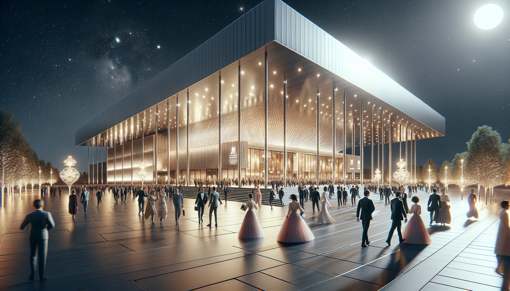 Vue spectaculaire de la maison d'opéra de Dubaï la nuit, illuminée avec des lumières vives et des spectateurs élégamment habillés arrivant pour la première.