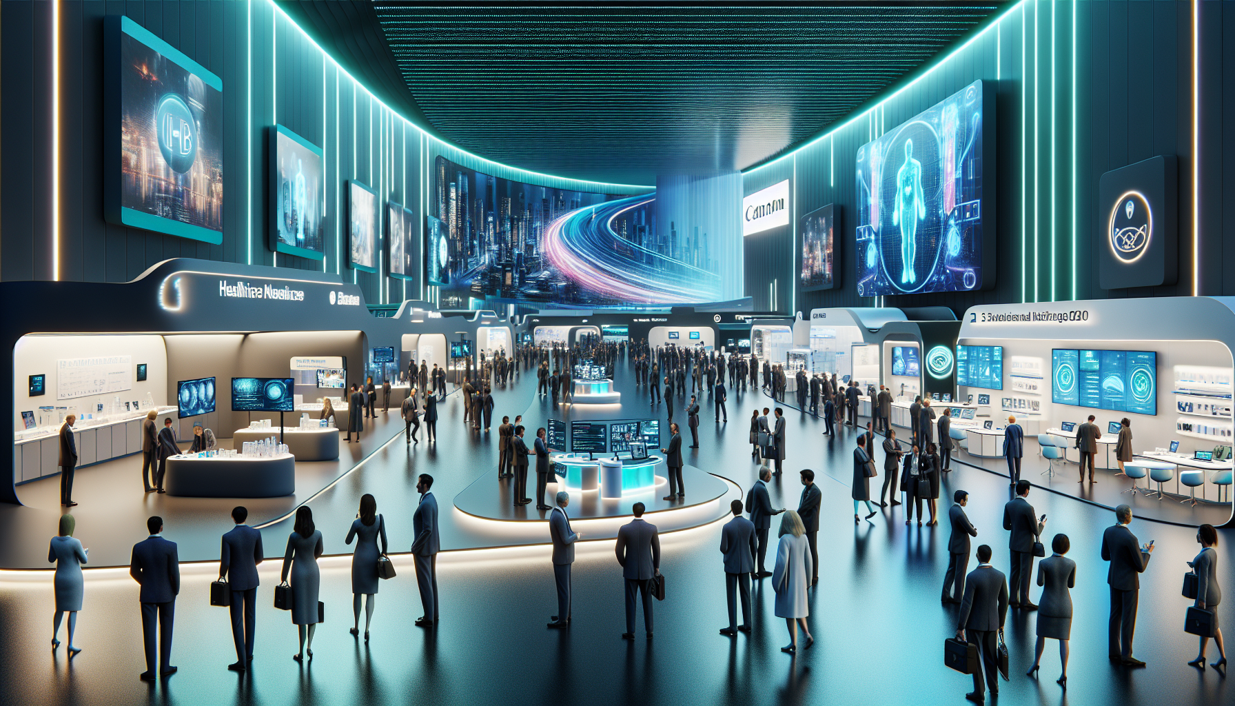 Pagsasama ng mga propesyonal sa isang masiglang healthcare expo sa Dubai World Trade Centre, nagtatampok ng mga makabago at holographic na teknolohiya.