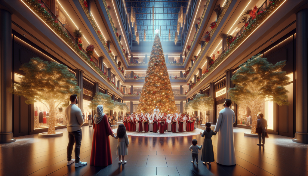 Isang masiglang tanawin ng Dubai Mall sa panahon ng Pasko na may mataas na Christmas tree, mga ilaw at mga tindahang pinalamutian.