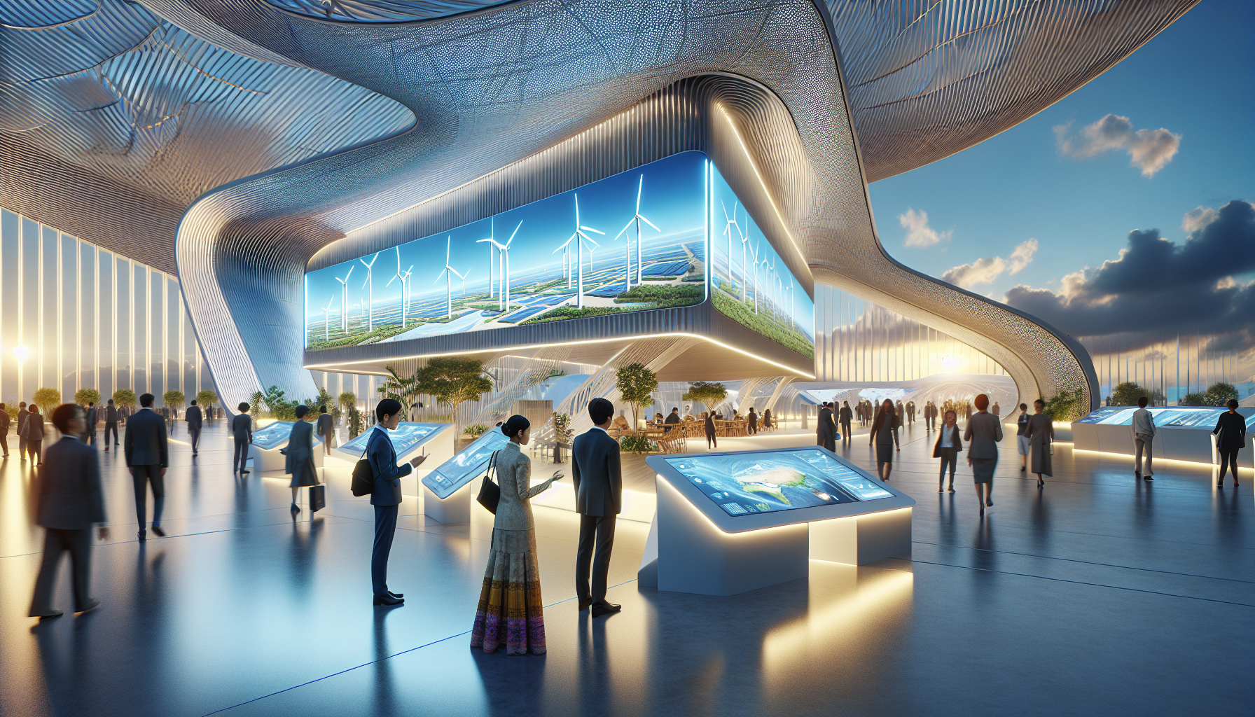 Pavilion ng United Arab Emirates sa isang pandaigdigang konggreso tungkol sa kapaligiran, na nagtatampok ng mga solar panel, wind turbine, at mga interaktibong disenyo para sa mga proyektong renewable energy.