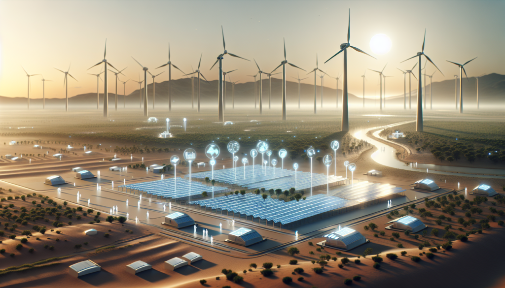 Paysage futuriste en Afrique avec une centrale solaire moderne, des éoliennes, et des ingénieurs collaborant sur des technologies d'énergie renouvelable.