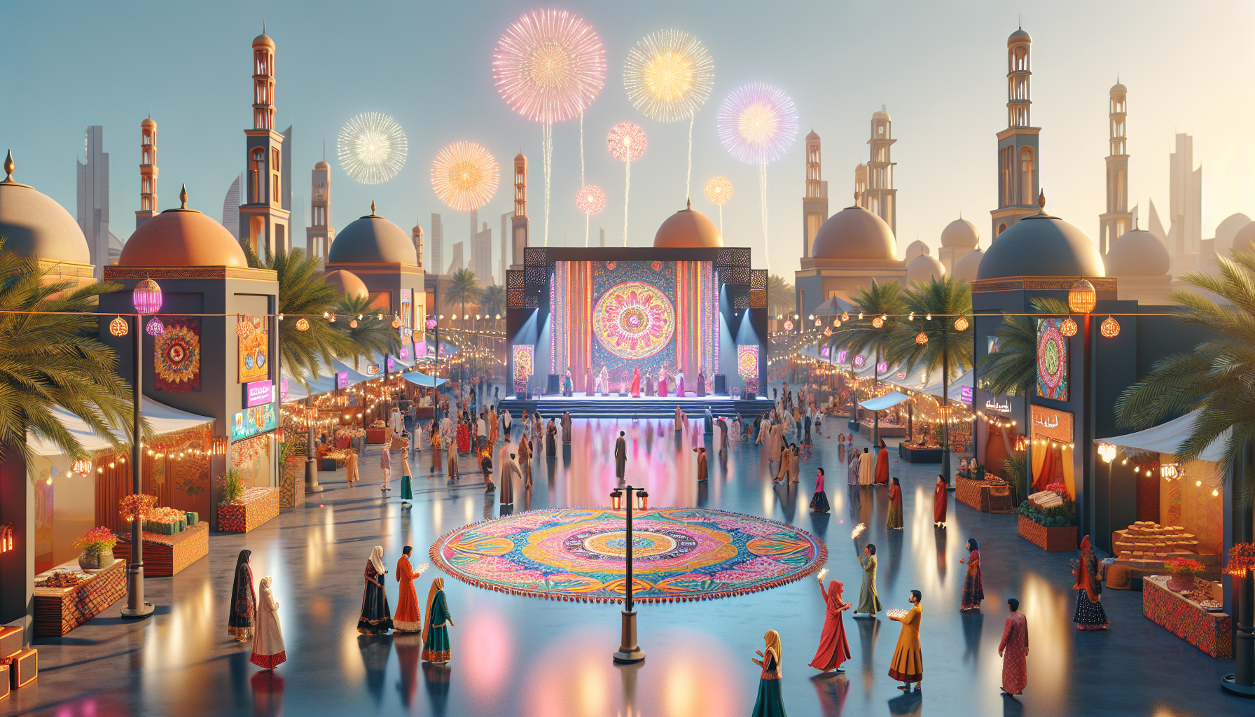 Pistahang Diwali sa Global Village sa Dubai na nagtatampok ng mga makulay na ilaw, pagsasayaw ng Bollywood, at kahanga-hangang Rangoli na sining.