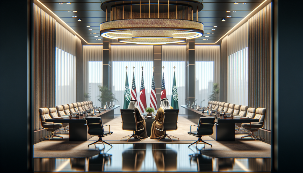 Pulong diplomatiko sa modernong silid na nagtatampok ng mga kinatawan mula sa UAE at Kuwait, nakasuot ng tradisyunal na kasuotan sa isang propesyonal na kapaligiran.