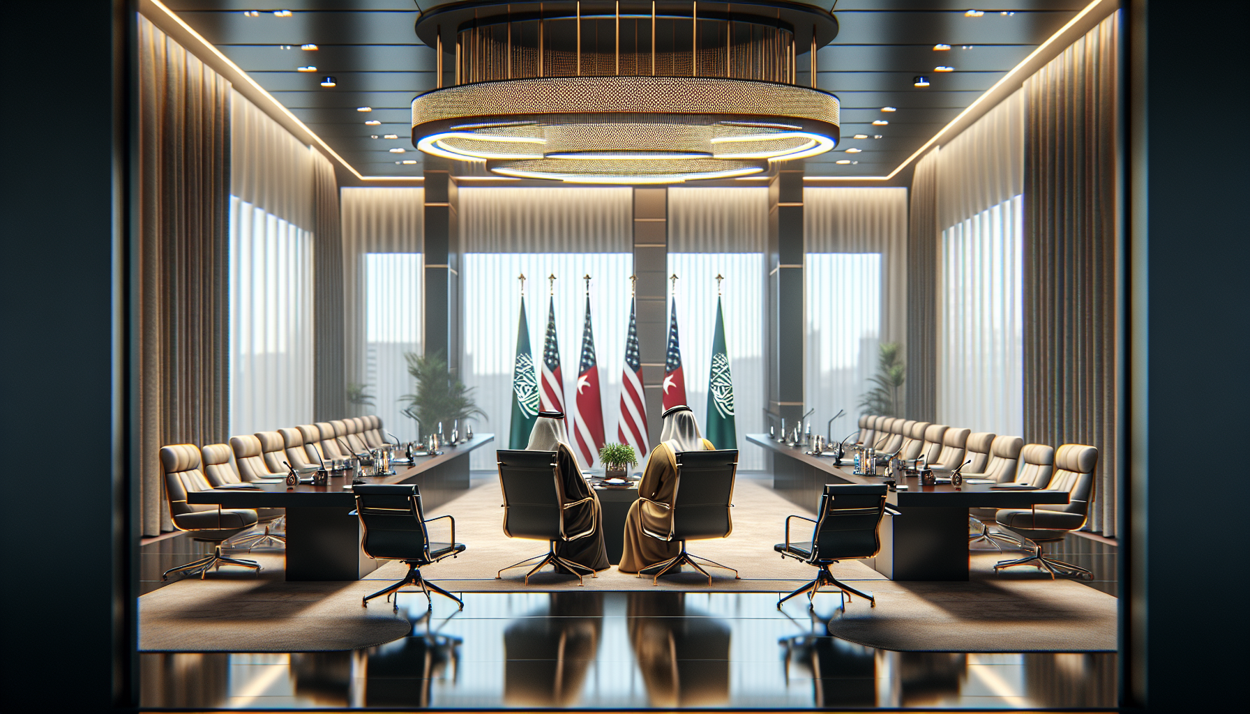 Pulong diplomatiko sa modernong silid na nagtatampok ng mga kinatawan mula sa UAE at Kuwait, nakasuot ng tradisyunal na kasuotan sa isang propesyonal na kapaligiran.