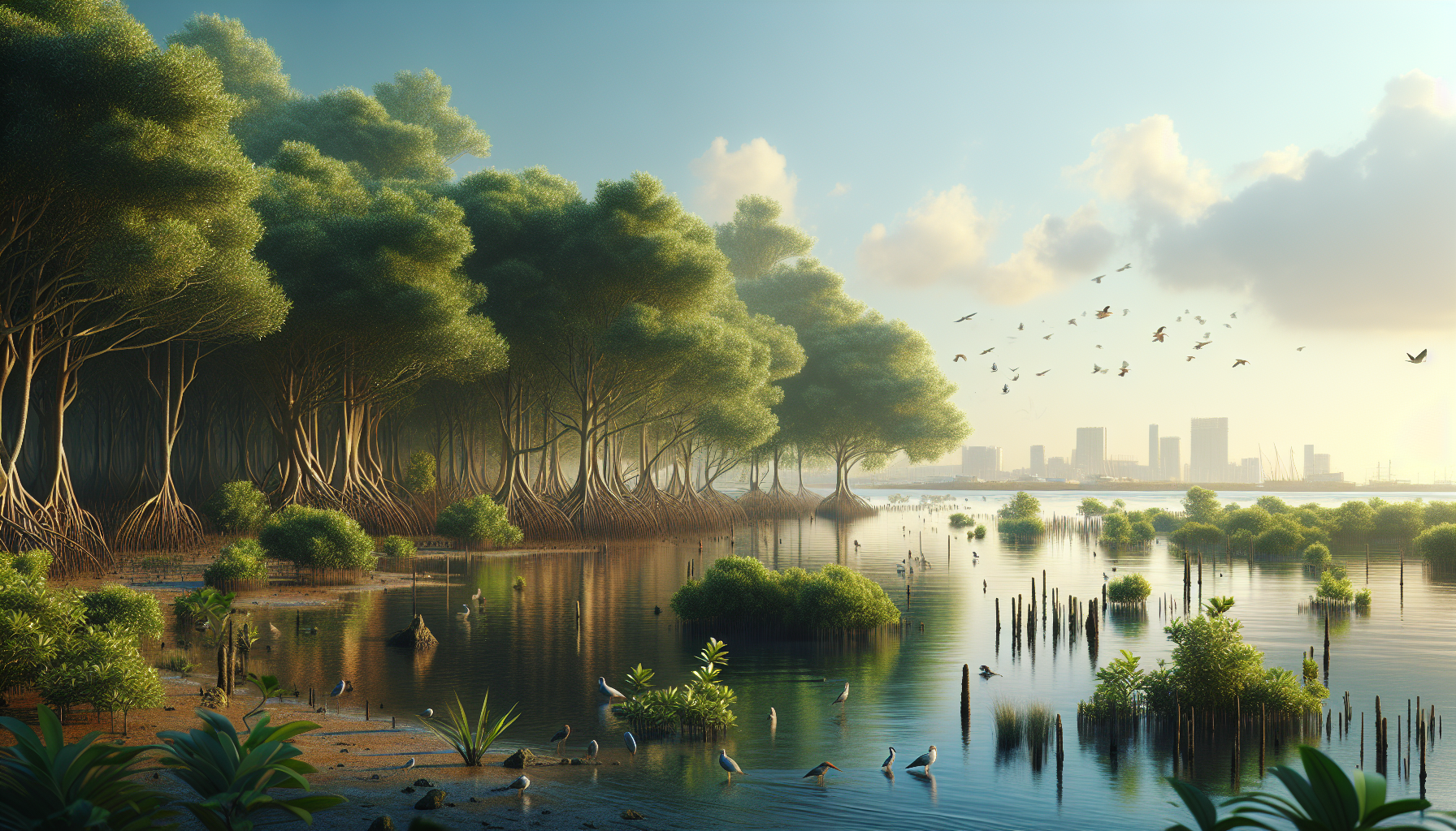 Serene coastal wetland scene in Ras Al Khor Wildlife Sanctuary showcasing diverse mangrove ecosystem with vibrant greenery, migratory birds, and Dubai skyline.