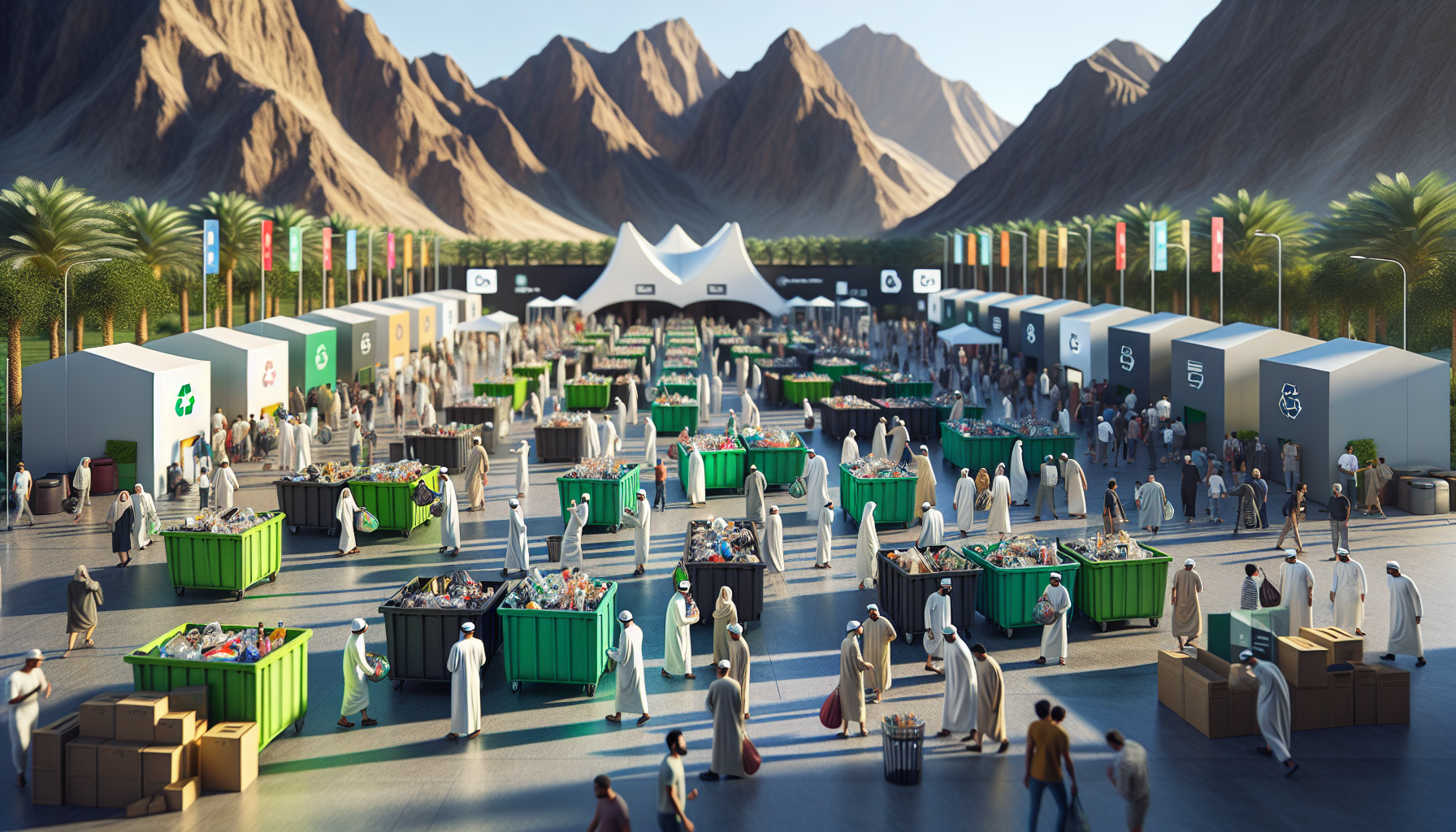 Rassemblement communautaire à Hatta avec des résidents engagés dans une activité de recyclage entourés de bannières sur la durabilité.