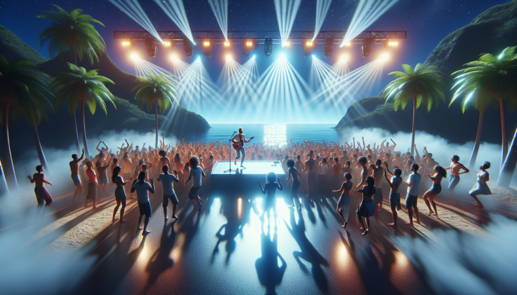 Vibrant concert scene featuring Robbie Williams performing at Saadiyat Island, Abu Dhabi, with a cheering crowd and dynamic lighting effects.