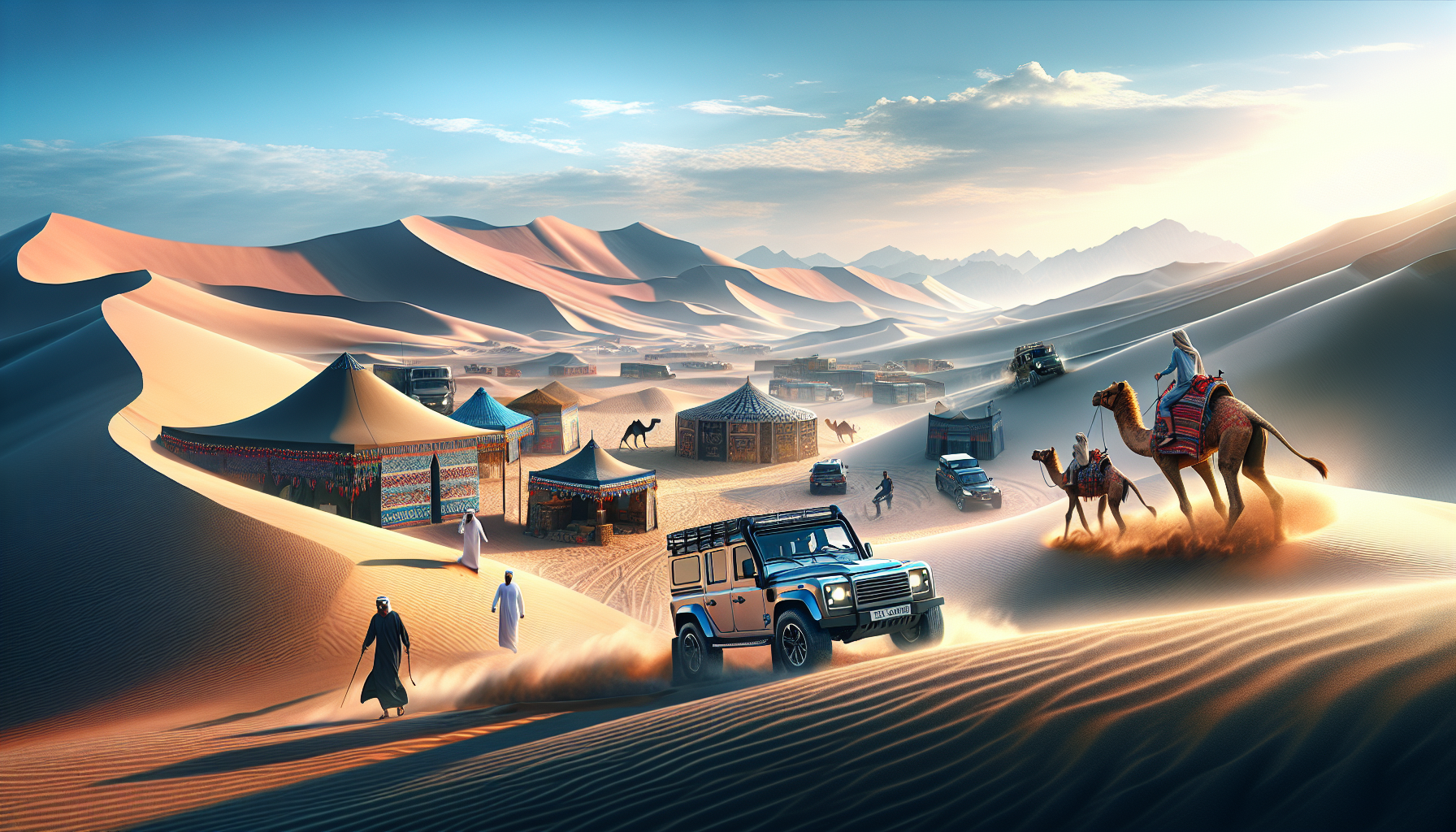Excitant safari dans le désert des Émirats Arabes Unis avec un véhicule tout-terrain, des dunes, des tentes bédouines et des activités comme le camel riding et le sandboarding.
