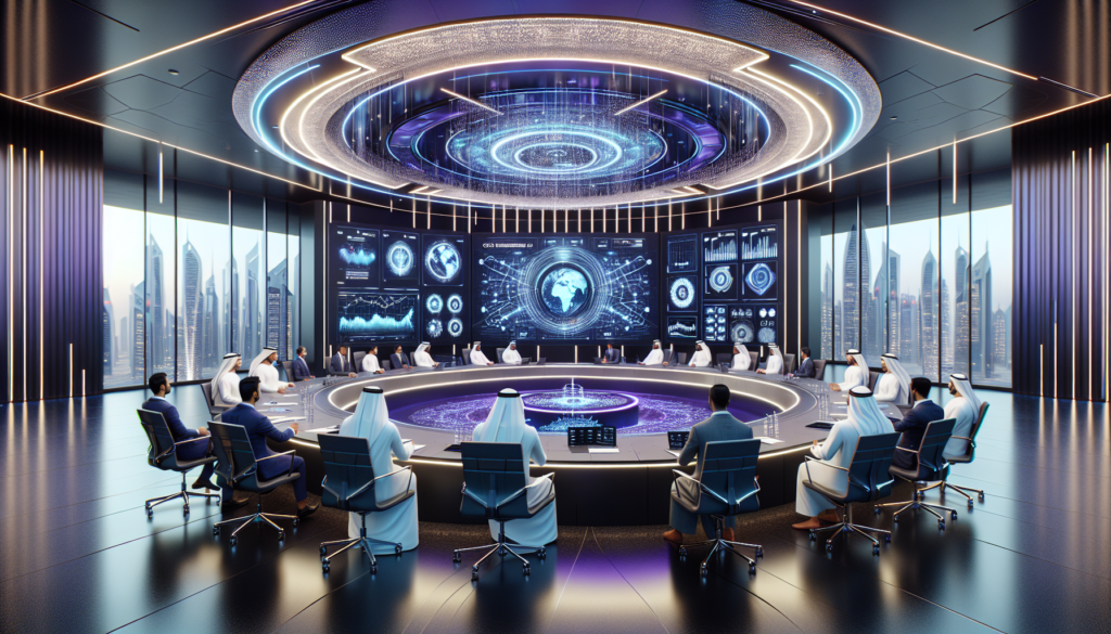 Salle de conférence futuriste aux Émirats Arabes Unis avec des leaders de l'IA, affichage holographique sur la stratégie AI 2031 et architecture moderne.