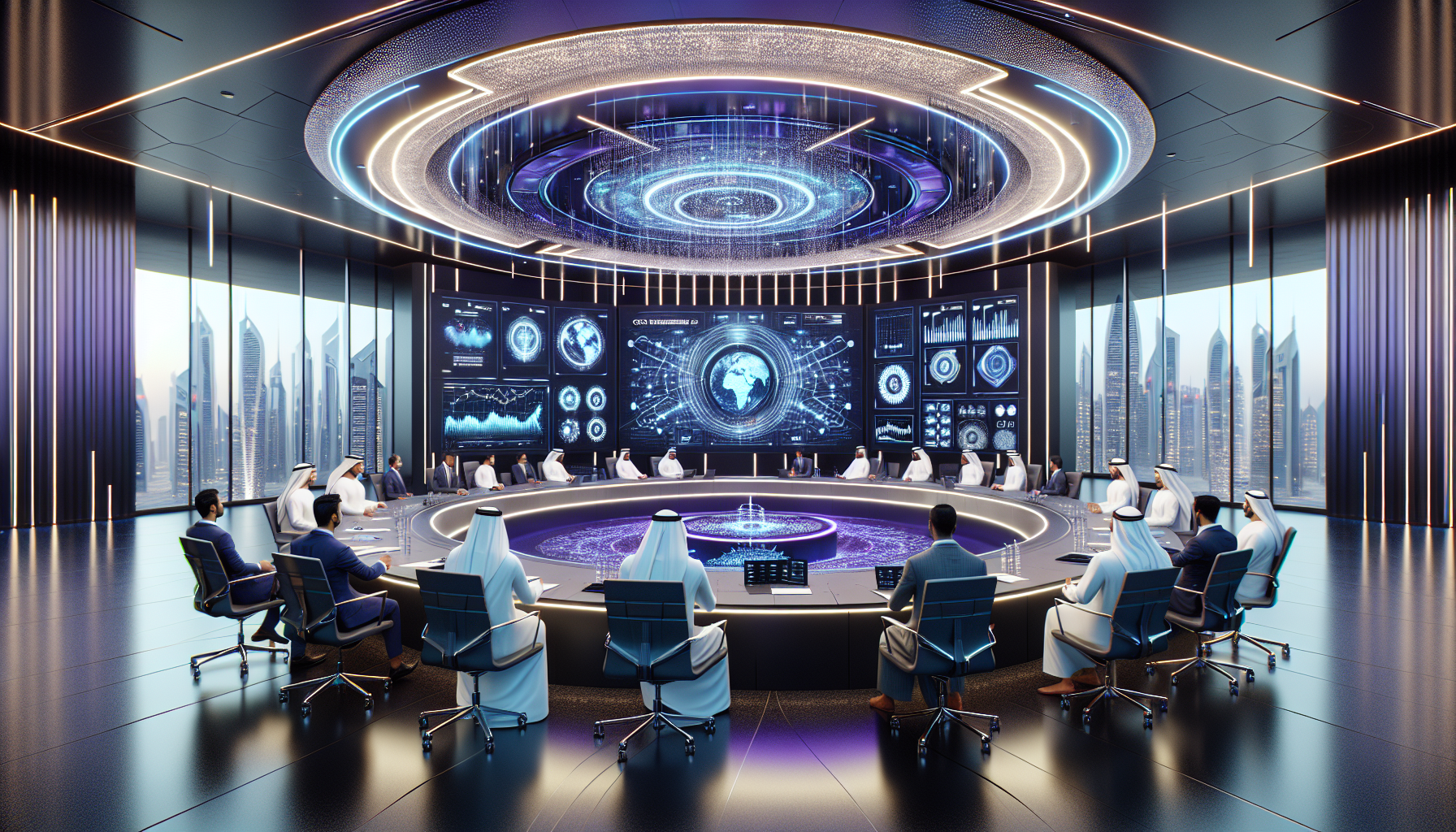 Salle de conférence futuriste aux Émirats Arabes Unis avec des leaders de l'IA, affichage holographique sur la stratégie AI 2031 et architecture moderne.