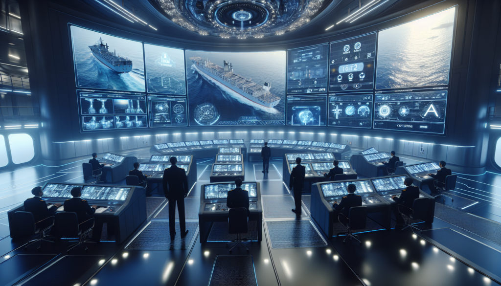 Salle de contrôle moderne à bord d'un grand navire, avec des officiers analysant des flux vidéo en temps réel pour la surveillance des opérations maritimes.